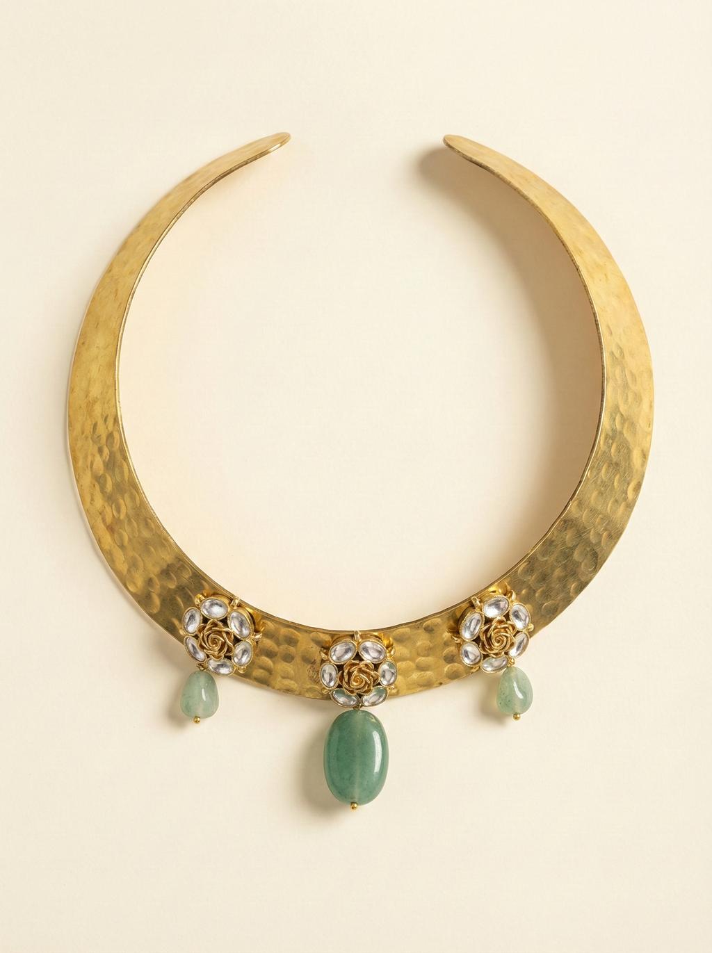 Gold Hammered Choker Green Drop Necklace