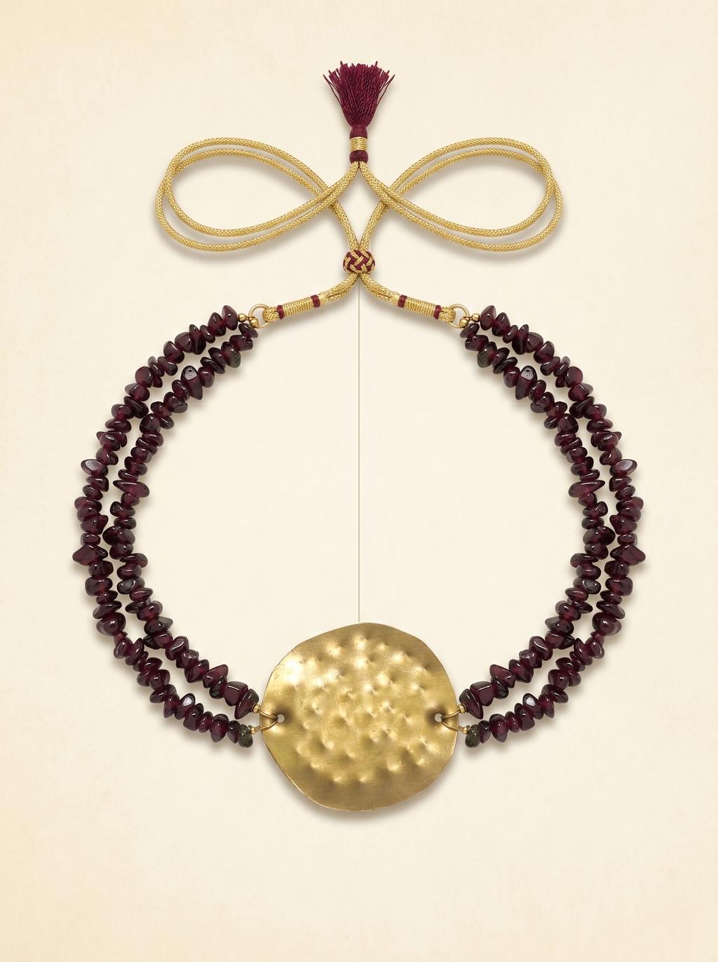 Double Strand Garnet Bead Hammered Gold Disc Necklace