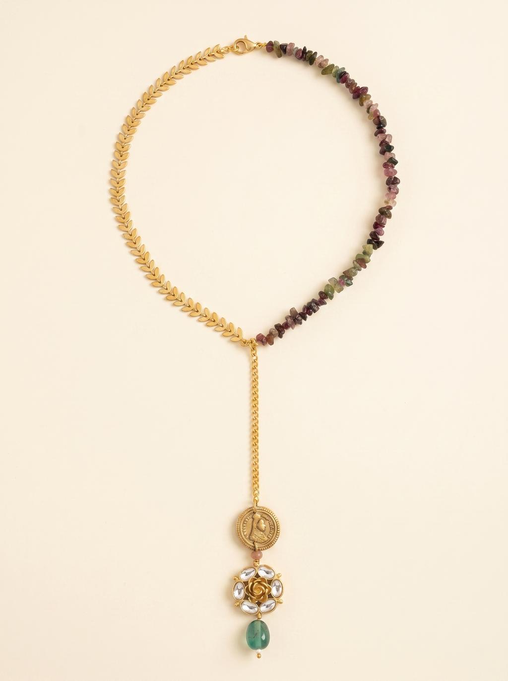 Asymmetrical Gold Leaf and Tourmaline Bead Lariat Necklace