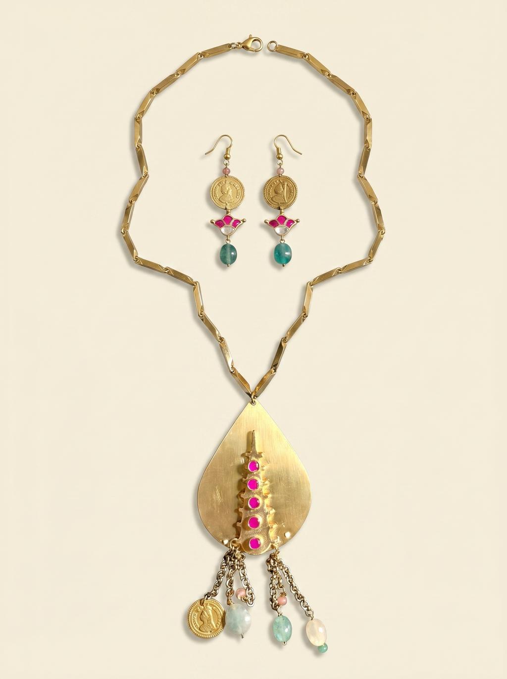 Matte Gold Teardrop Tassel Necklace Set