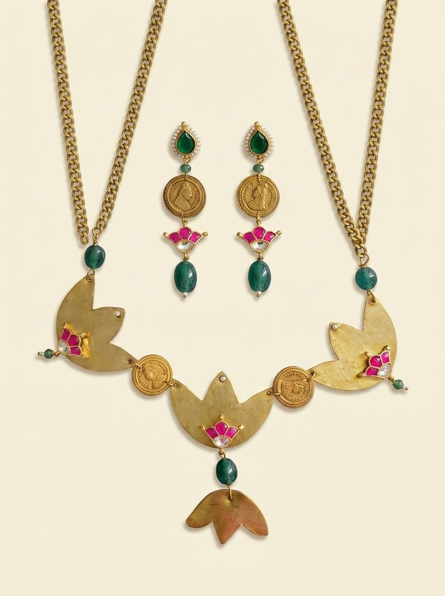 Matte Gold Lotus and Coin Necklace Set